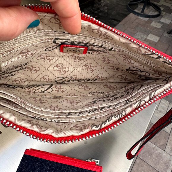 GUESS Denim Logo Wristlet Clutch + Small Pouch Set – Red Trim EUC - Picture 8 of 9